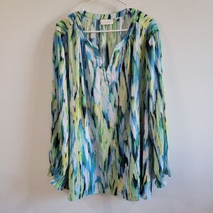 Belle Kim‎ Gravel Womens Top Size 4X Art To Wear Colorful Vneck Blue Green